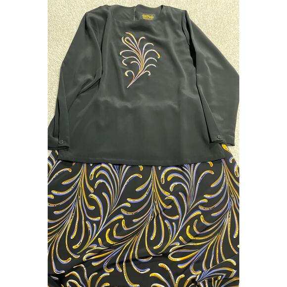 Bob Mackie Women's M Long Sleeve Top Printed Pull On Skirt 2 Pc Set Outfit Black - Picture 1 of 13